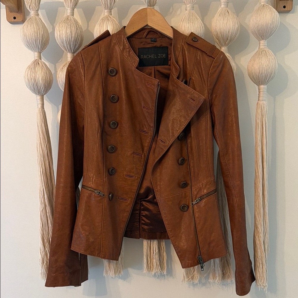 Rachel Zoe Women's Brown Leather Double-Breasted Belted Jacket - Picture 4 of 6